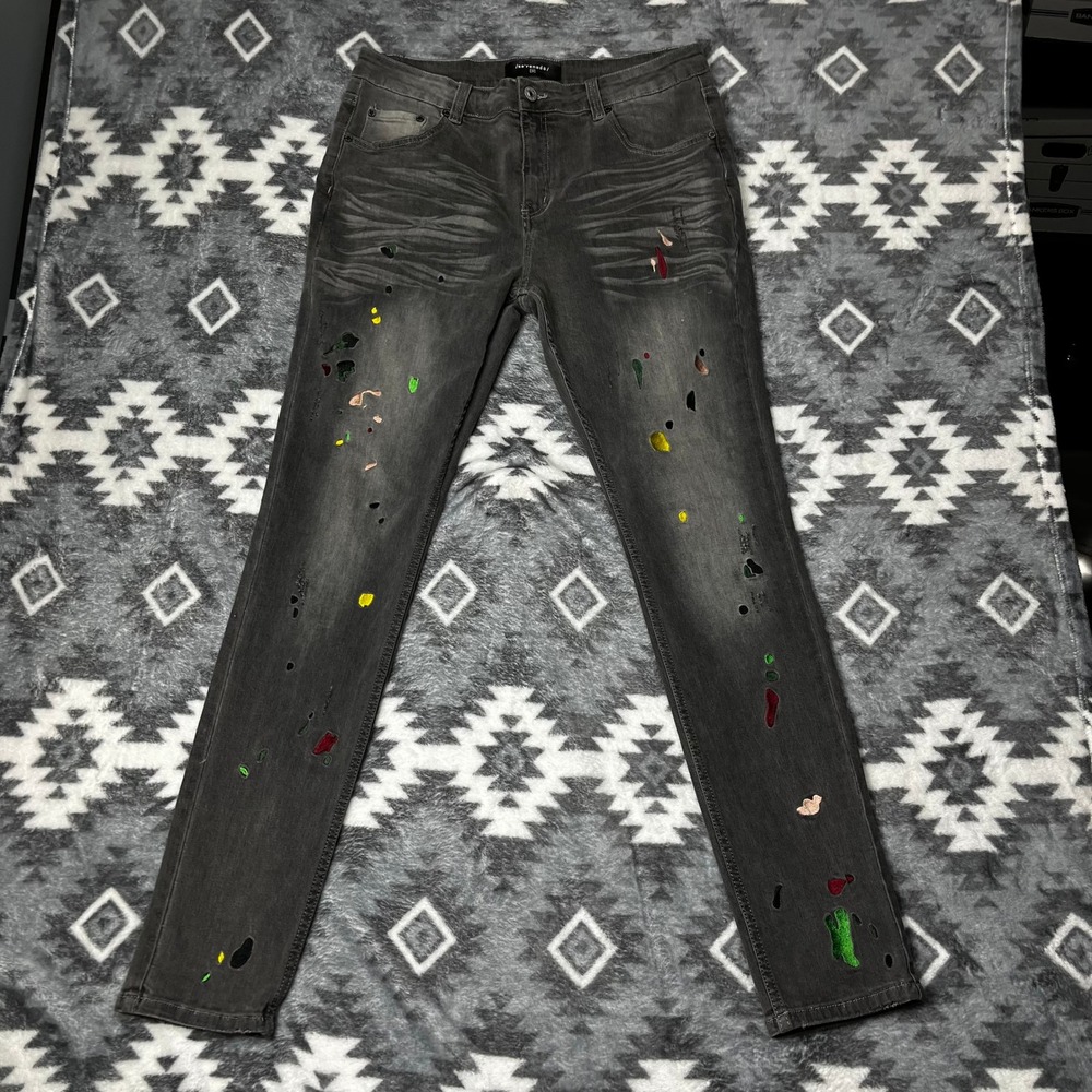 Serenede Distressed Paint Splatter Embroidered Skinny Jeans Black Mens 36x32